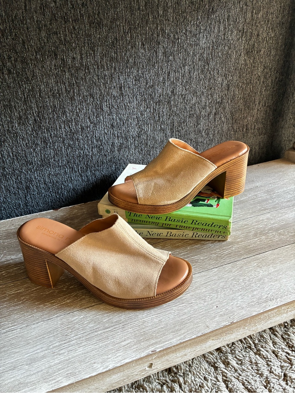 Simona Rossi Made in Italy Genuine Suede Open Toe Mules with Block Heels in Tan
